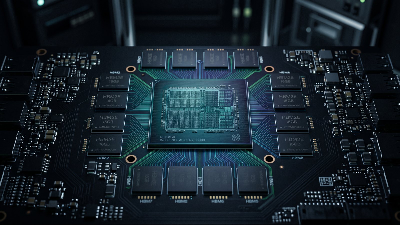 ภาพจำลองชิป AI inference แบบ ASIC ล้อมรอบด้วยหน่วยความจำ HBM แปดชุด